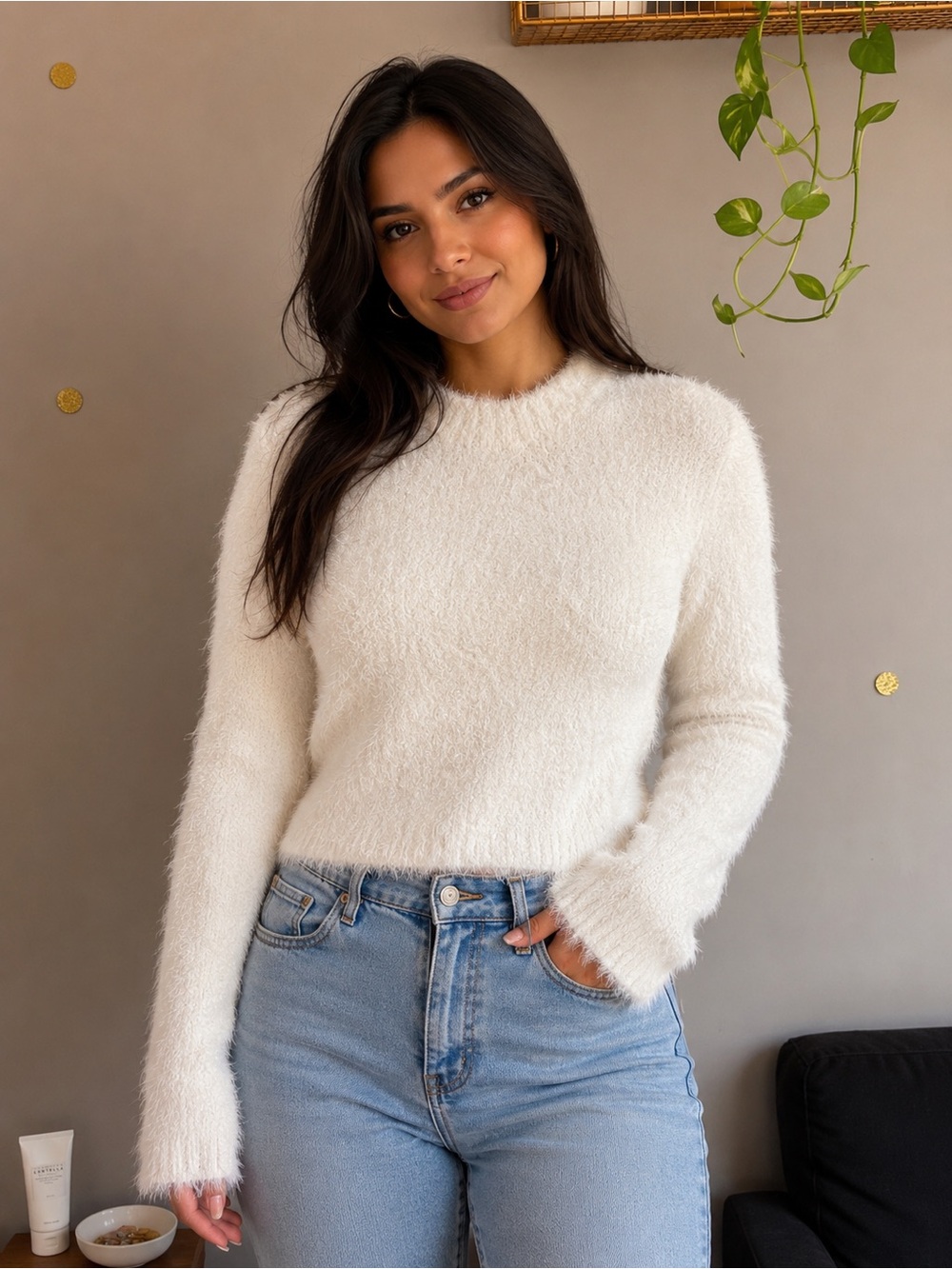 Ivory Fuzzy Long Sleeve Sweater – Size Medium – Soft Cozy Knit